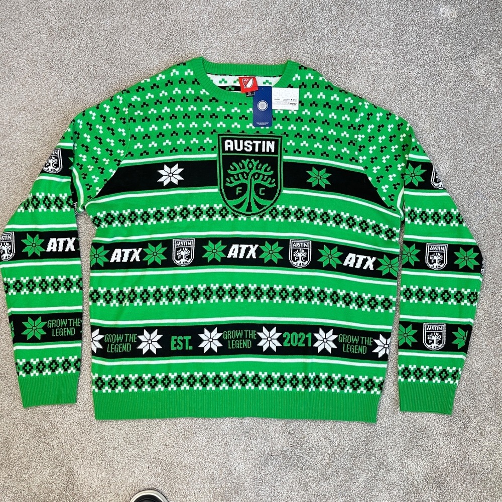 Austin FC‎ Men's 2XL Christmas Sweater Green Festive Holiday MLS Pullover Ugly